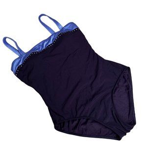 Suit Your Self Tummy Thinner Swimsuit size 14 Navy Blue One Piece Built in Cups